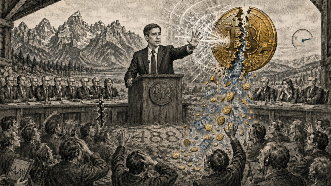 Bitcoin Warsh Jackson Hole chute liquidations Fed septembre