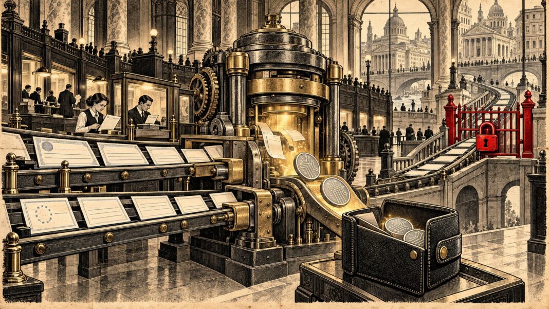 Illustration gravée d’un mécanisme convertissant des virements USD et EUR en stablecoins vers un wallet, avec la voie bancaire sortante fermée par un cadenas rouge.
