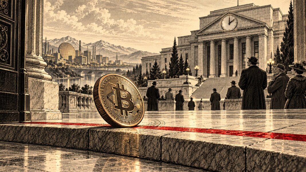 Illustration gravée d’un médaillon Bitcoin en équilibre sur un seuil, face à une banque centrale, avant la décision de la Fed.