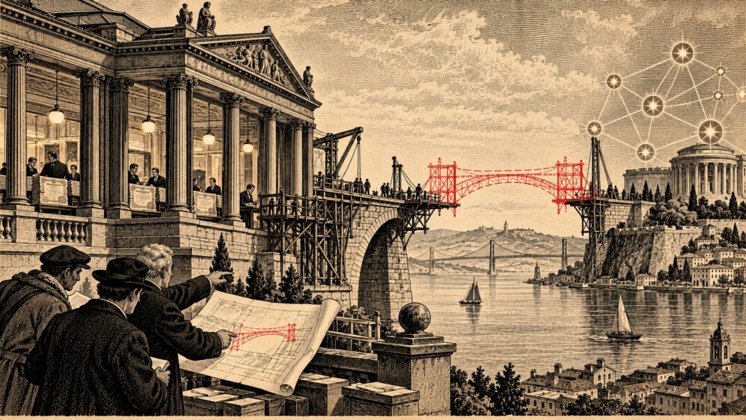 Gravure éditoriale montrant une institution financière face à un pont inachevé, dont la dernière travée rouge doit rejoindre un réseau abstrait de nœuds étoilés au-dessus de Lisbonne.