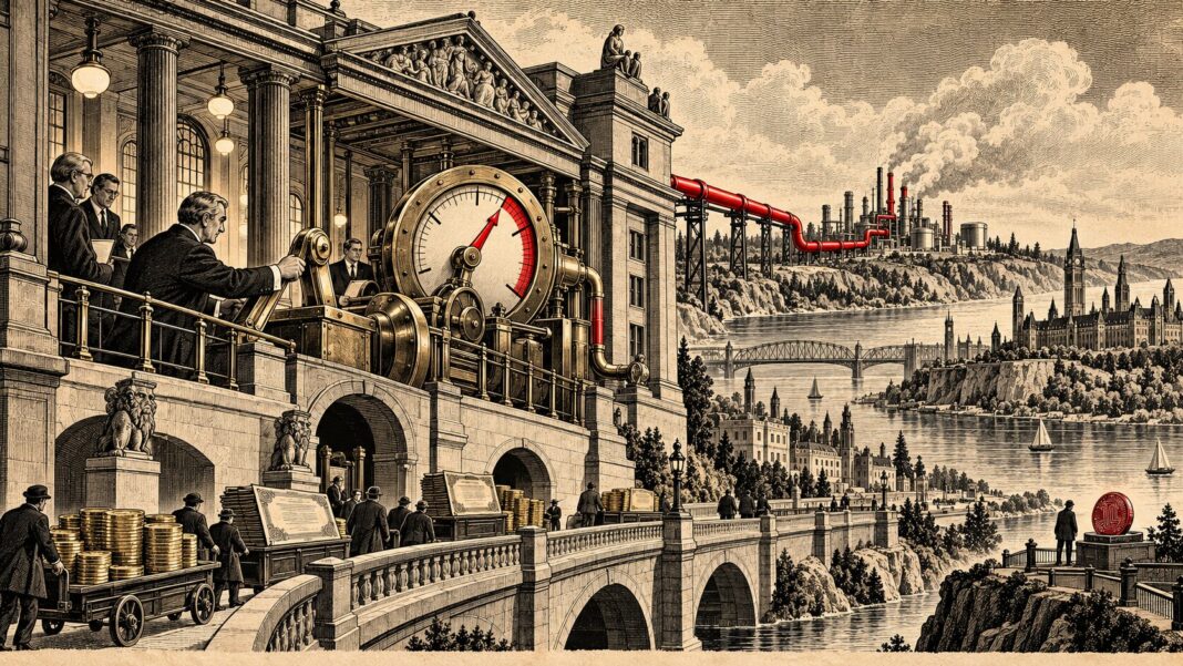 Gravure éditoriale montrant une banque centrale canadienne relevant prudemment son mécanisme de taux sous la pression des coûts énergétiques, tandis qu’un petit actif numérique reste à distance.