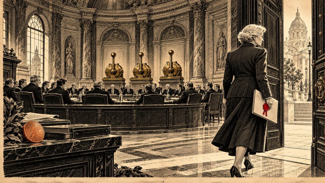 Illustration en gravure de Christine Lagarde quittant une salle de conseil de banque centrale, tandis que trois mécanismes immobiles symbolisent les taux inchangés et qu’un petit médaillon crypto demeure au second plan.