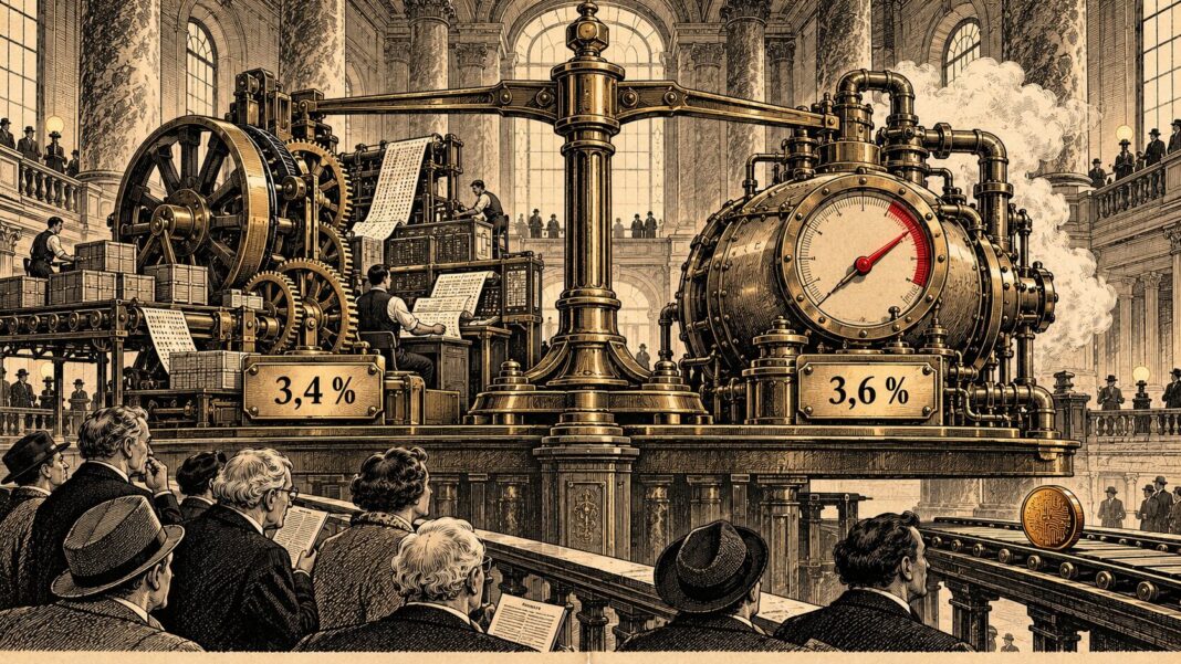 Gravure éditoriale représentant une machine de croissance américaine à 3,4 % face à une jauge d’inflation PCE à 3,6 %, avec Bitcoin en élément secondaire.